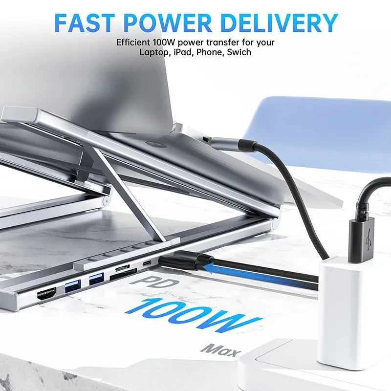 Aluminium alloy folding docking station laptop stand with multi-interface ports