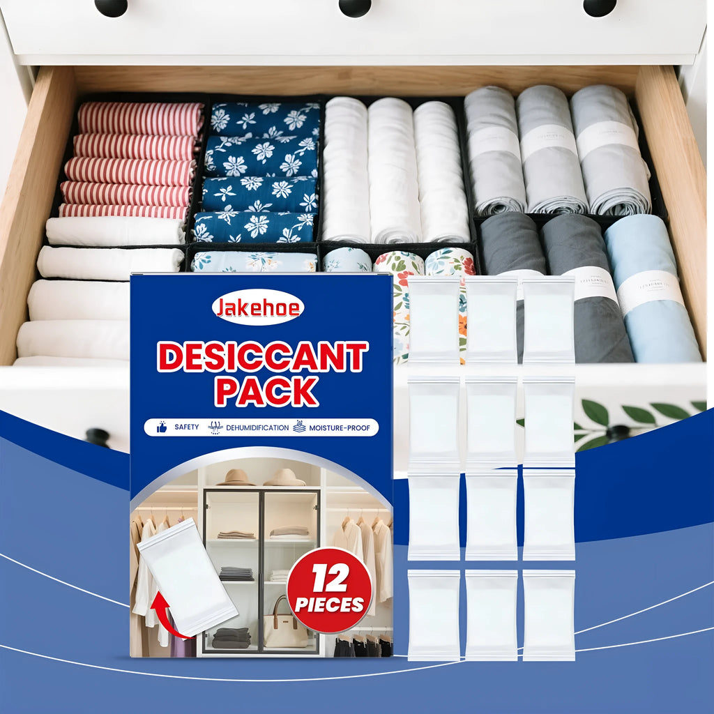 Pack of 12 calcium chloride and wood pulp desiccant units for household moisture and odor control.