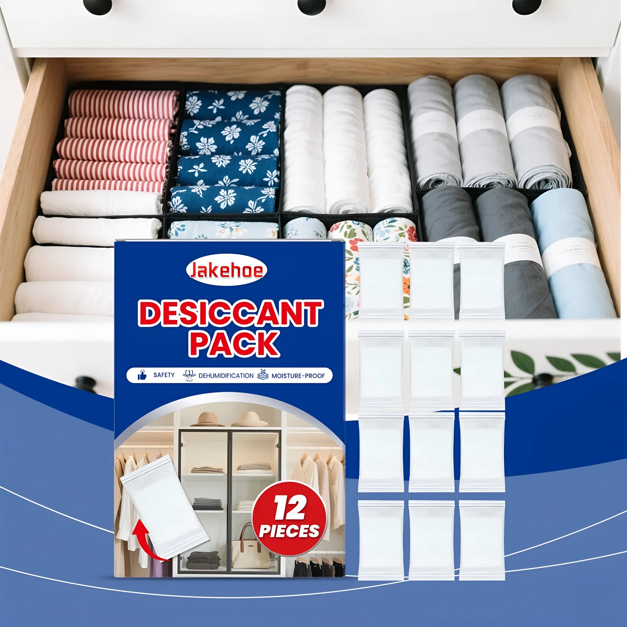 Pack of 12 calcium chloride and wood pulp desiccant units for household moisture and odor control.