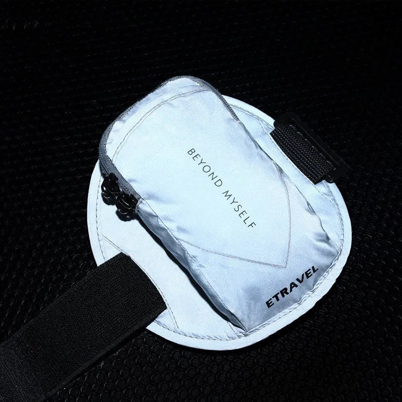 Lightweight reflective running arm bag with adjustable strap and phone compartment