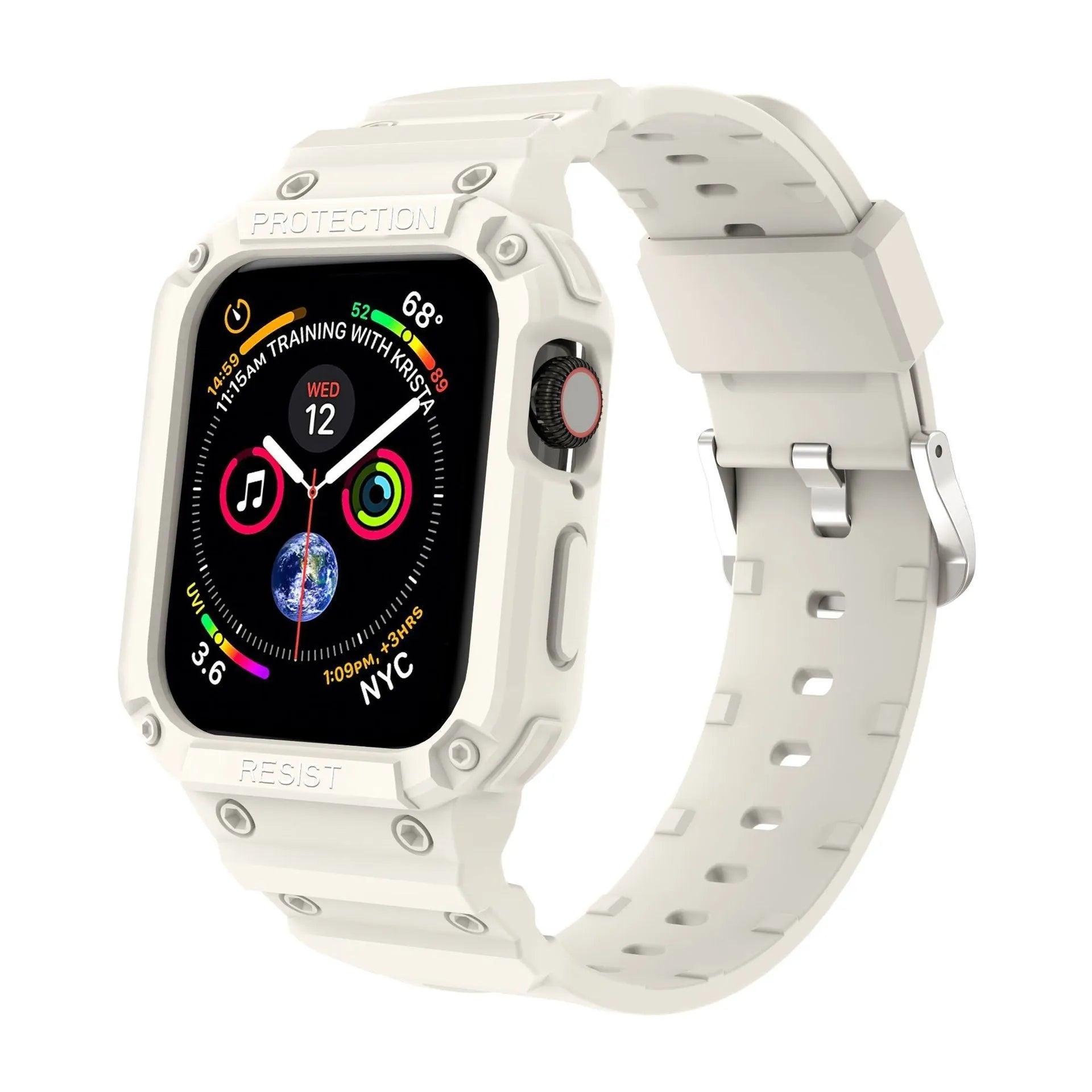 Soft TPU Apple Watch sport strap in multiple colours on a white background, showing 38mm and 42mm size options.