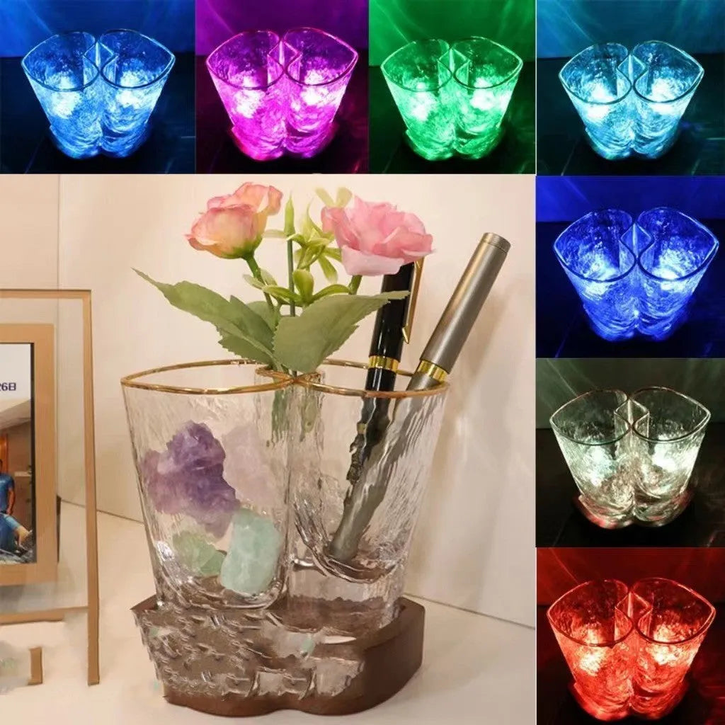 Heart-to-heart aromatherapy small night lamp with crystal glass shade and beech wood base, 11.5 cm tall, transparent colour, USB powered