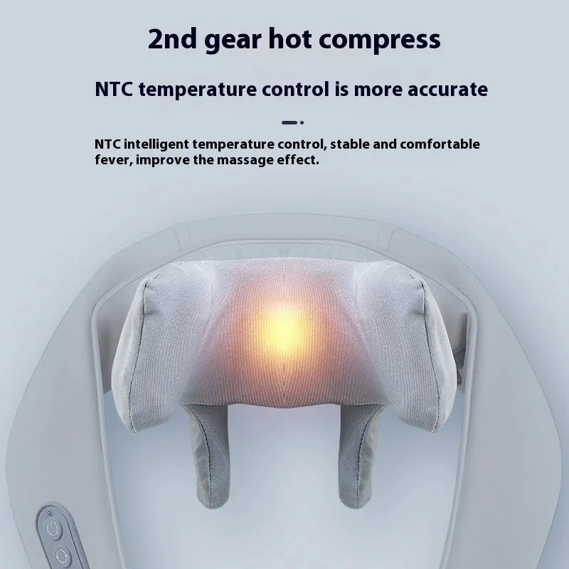 Grey elastic fabric neck massager with USB charging cable showing infrared physiotherapy function