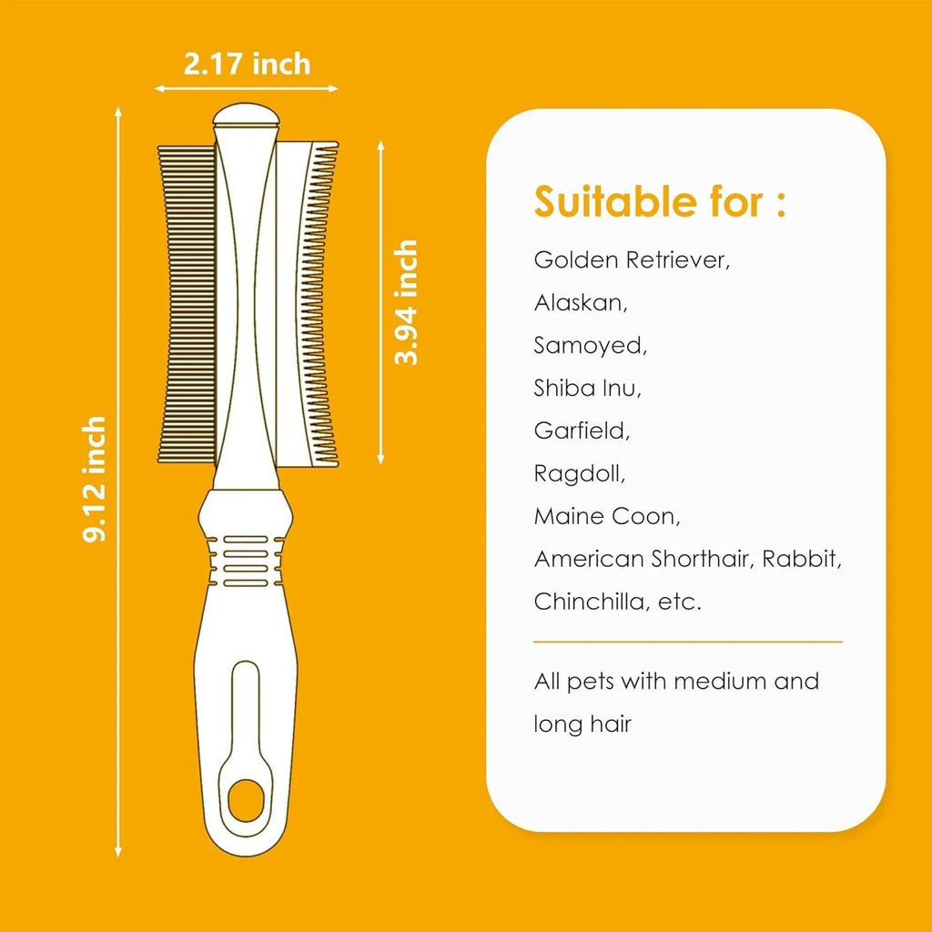 White 2-in-1 pet brush with a double-sided head and ergonomic anti-slip handle.