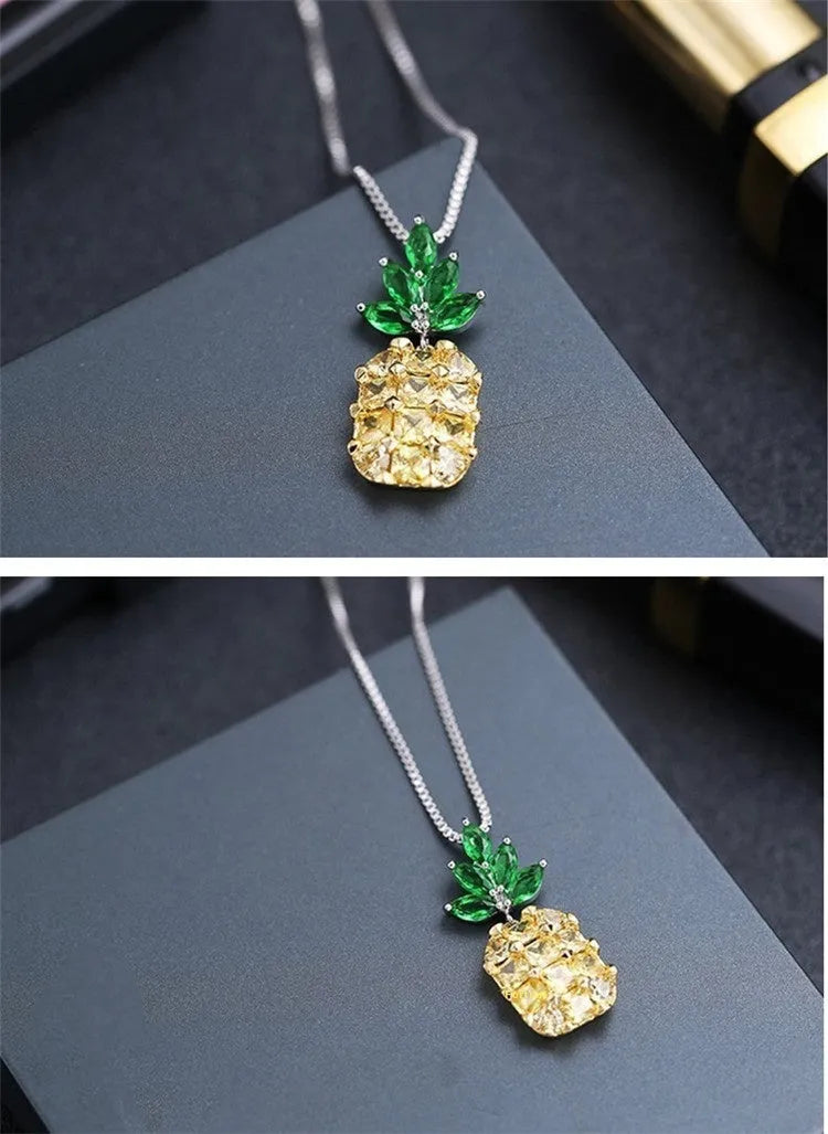 Geometric pineapple diamond pendant necklace on silver plated chain with copper white gold finish