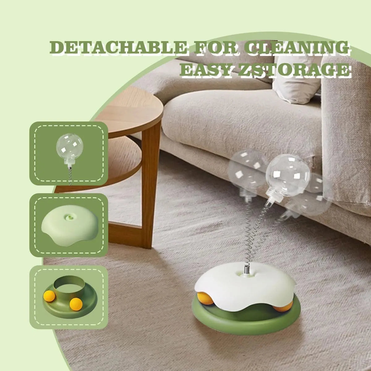 Blue and green interactive cat treat dispenser toy with track ball, shown dismantled for cleaning.