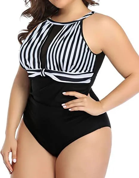 Women's black one-piece swimsuit with lace detailing on display, showing European and American sizing.