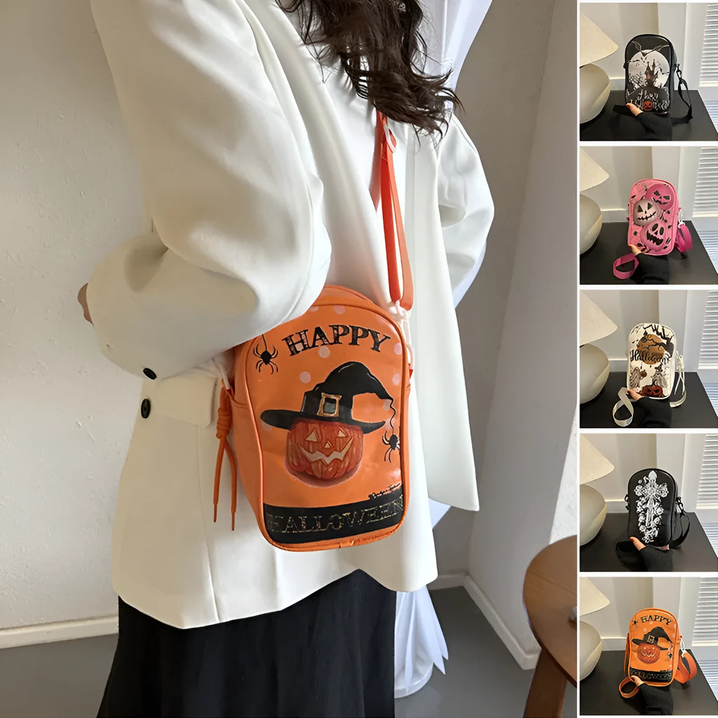 Halloween graffiti print crossbody bag with pumpkin ghost bat design in PU leather