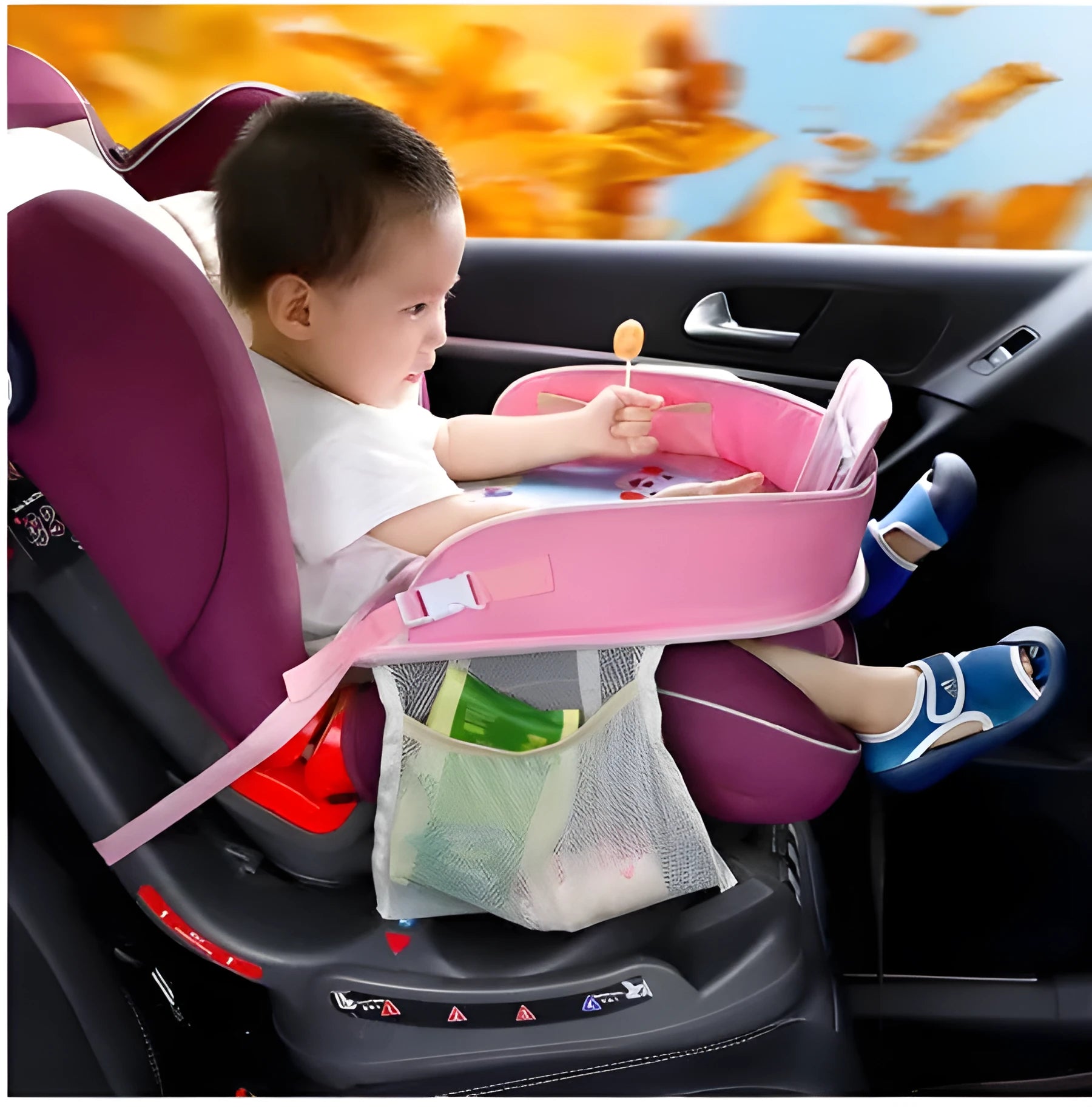 Baby car seat tray table made from Oxford and polyester in blue, size 42x32x8 cm