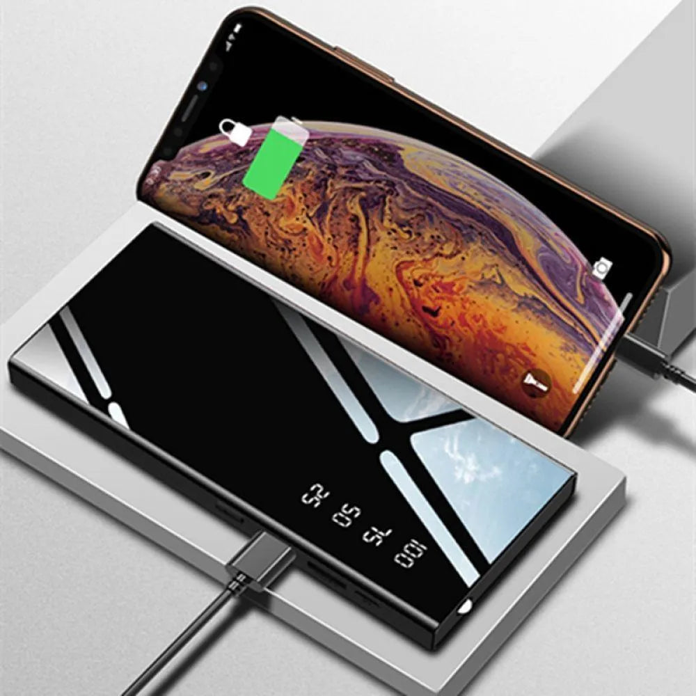 Black 20000mAh power bank with LCD percentage display showing dual USB output ports