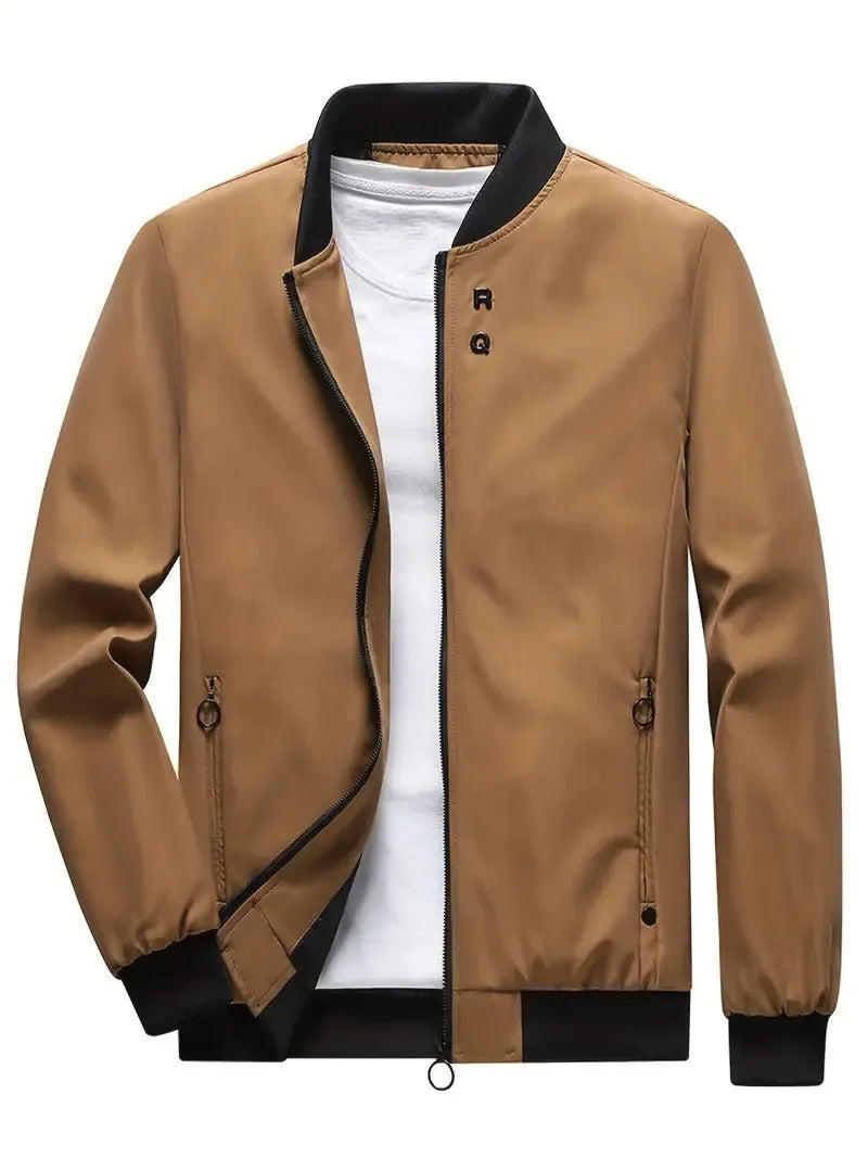 Men's chemical fiber blend slim fit casual jacket in khaki, front view, with conventional sleeves