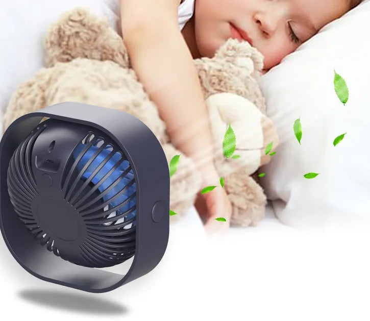 USB desk fan with alarm clock showing 360-degree rotation, in blue colour.