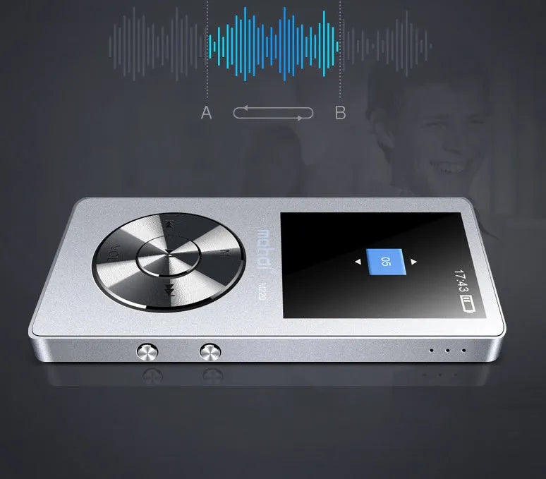 Gold coloured portable MP3 music player with a 1.8-inch screen showing a music menu.