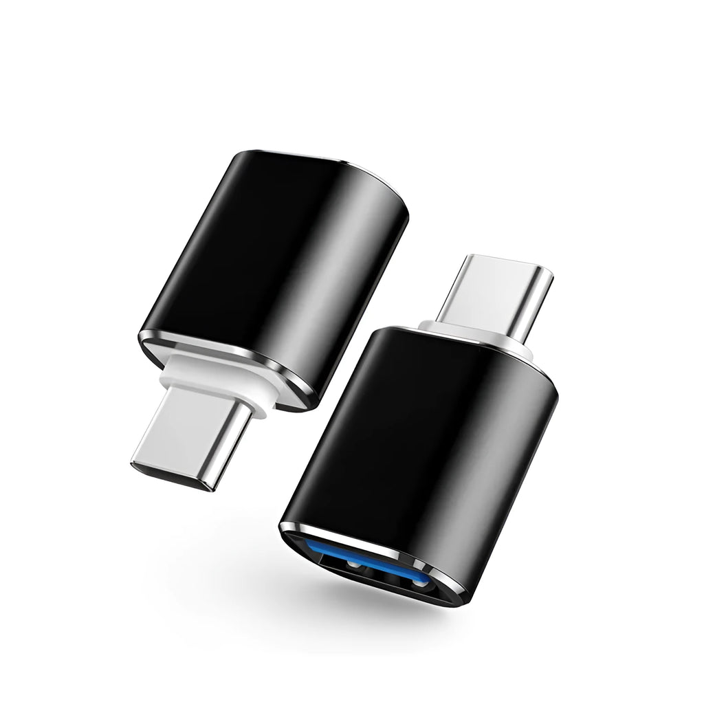 Type-C OTG USB adapter shown in black, silver, and gold colour options