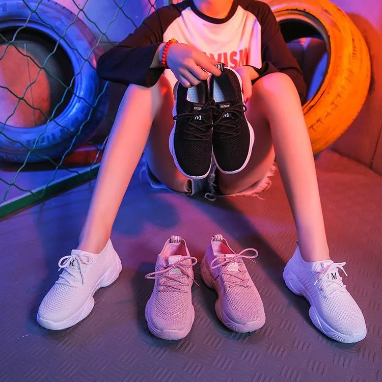Women's white flying woven sports shoes with thick rubber sole and front strap