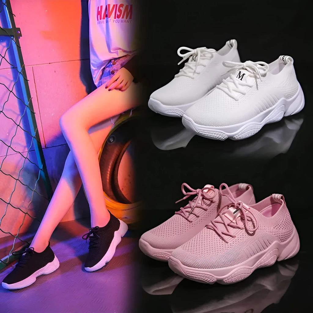 Women's white flying woven sports shoes with thick rubber sole and front strap