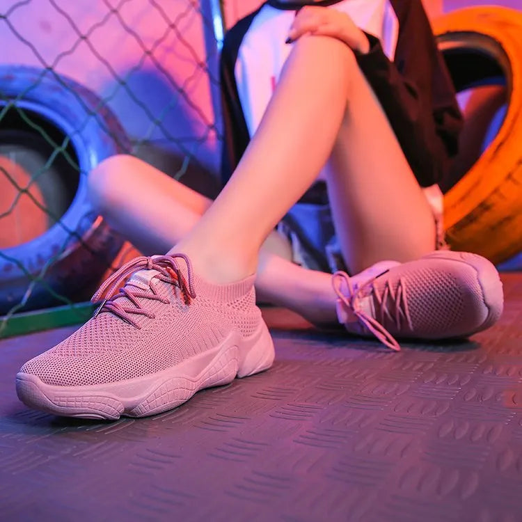 Women's white flying woven sports shoes with thick rubber sole and front strap