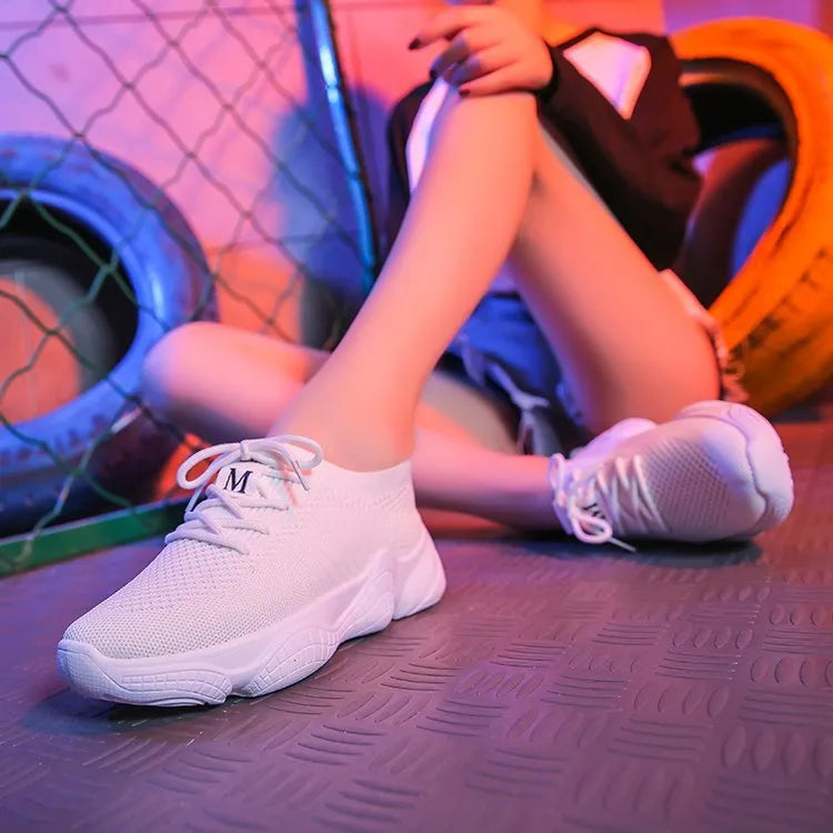 Women's white flying woven sports shoes with thick rubber sole and front strap
