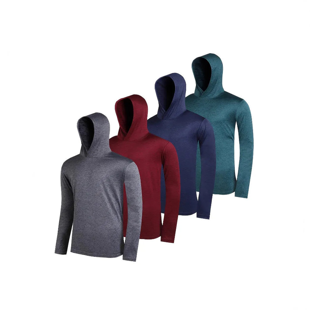 Men's lightweight polyester hoodie bundle in multiple colours, showing front view of hoodie with and without hood.