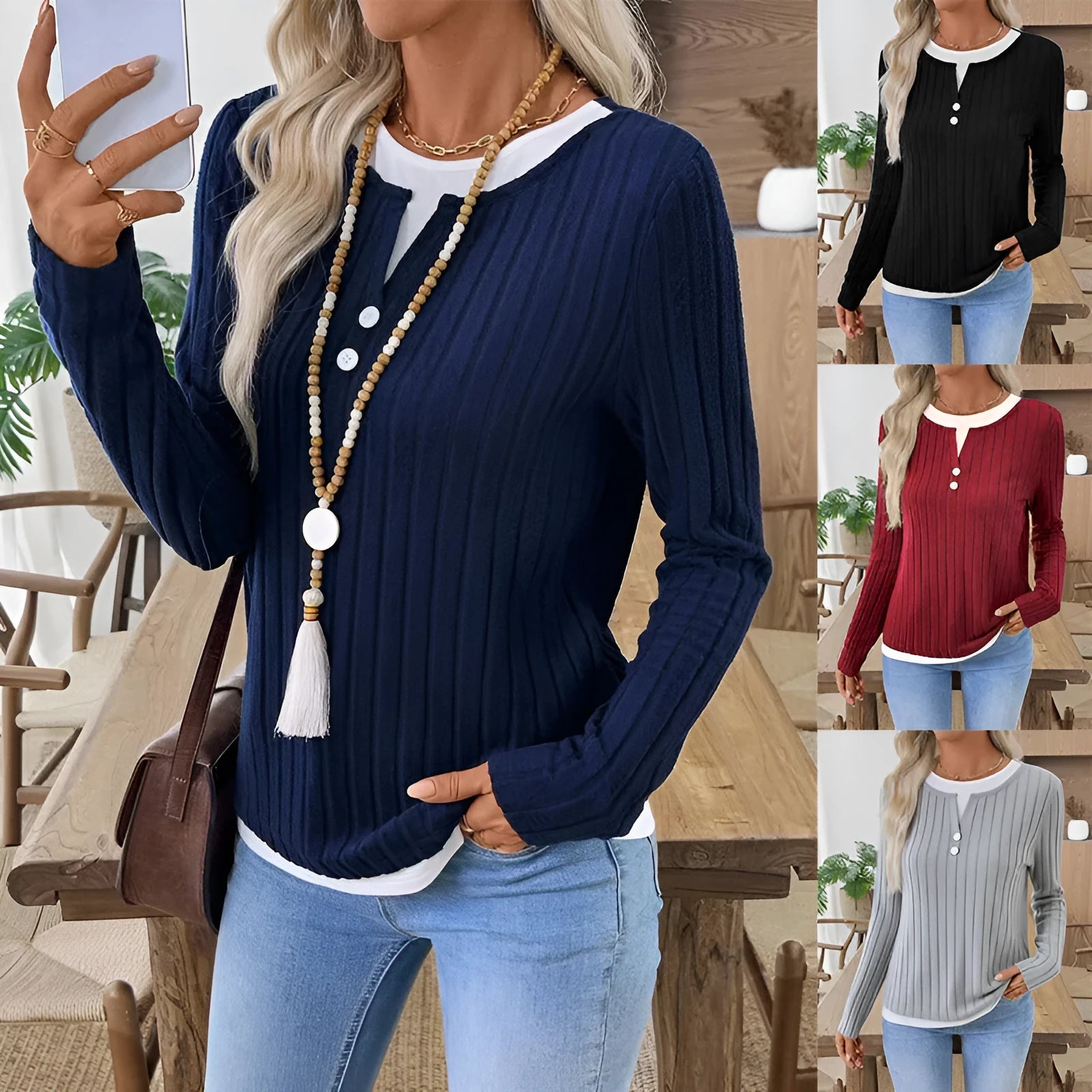 Women's black fake two-piece button pullover sweater with concave stripe texture and long sleeves