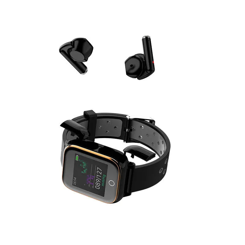 Black smartwatch with detachable Bluetooth earphones stored in the case showing a 1.4 inch screen