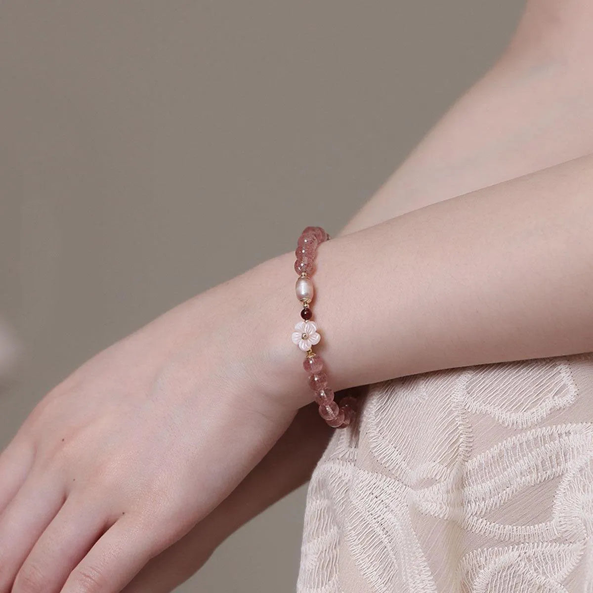 Strawberry quartz crystal bracelet with peach blossom flower design for women