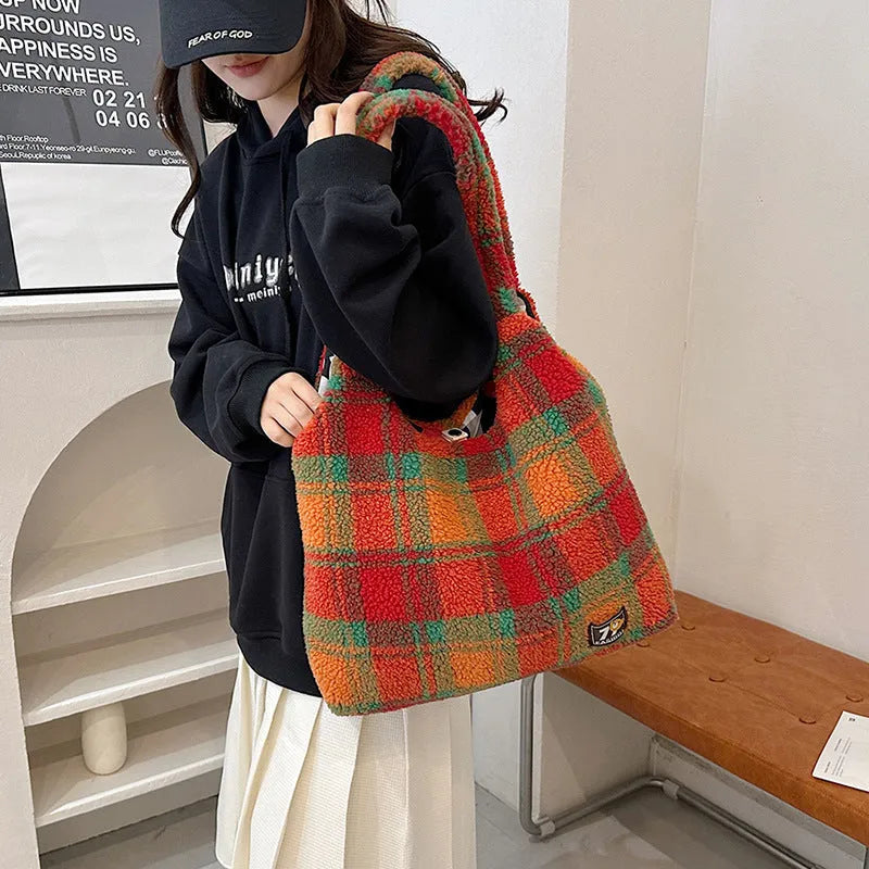 Women's plaid plush shoulder tote bag in horizontal square shape with crossbody strap