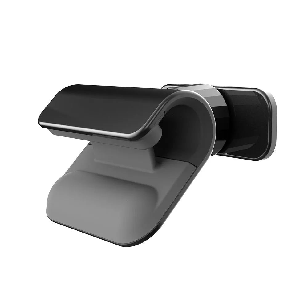 Black universal car phone holder showing 360-degree rotating mechanism and 3M adhesive base