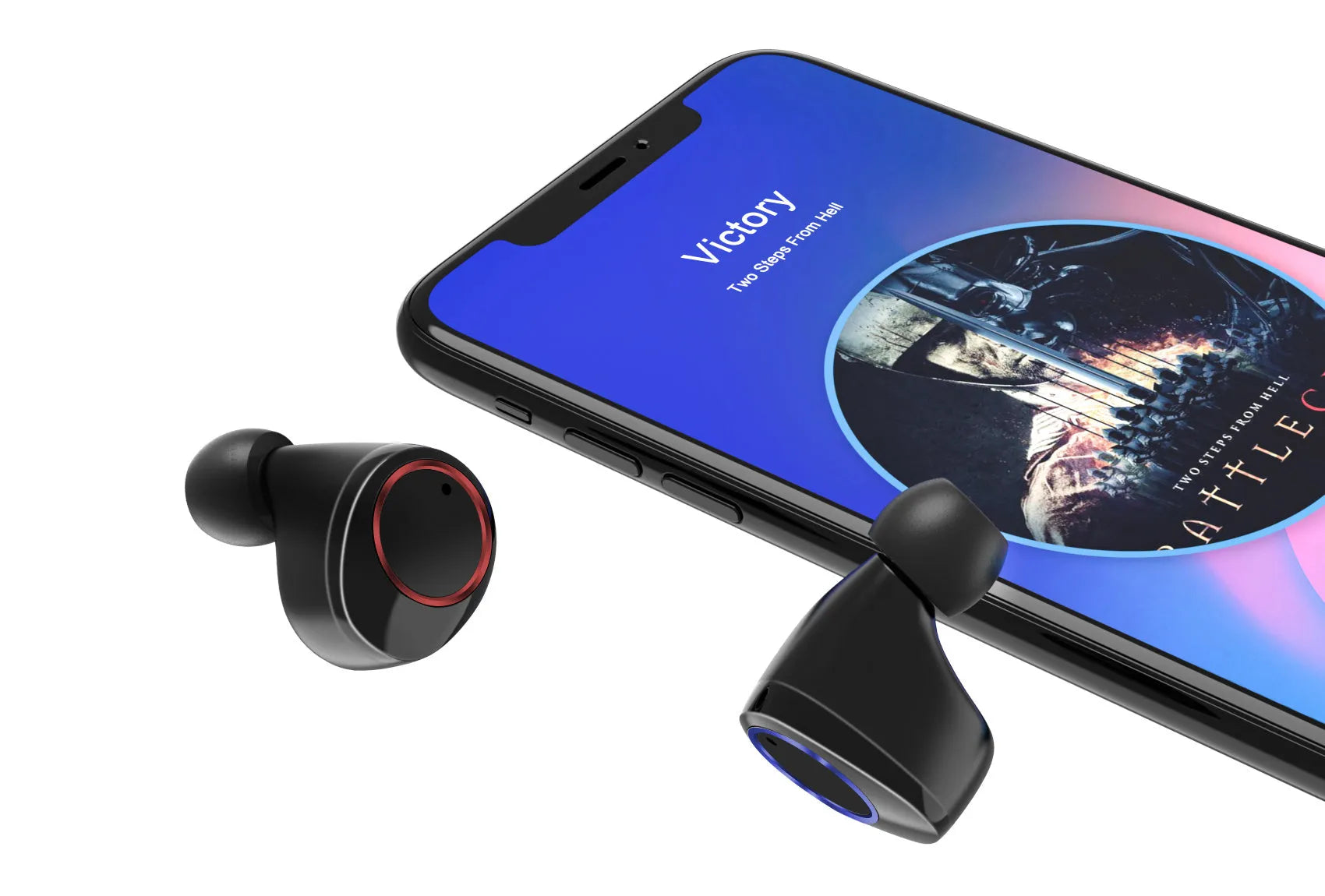 Black X11 Sky-Free wireless Bluetooth earbuds with touch controls and a white charging case.