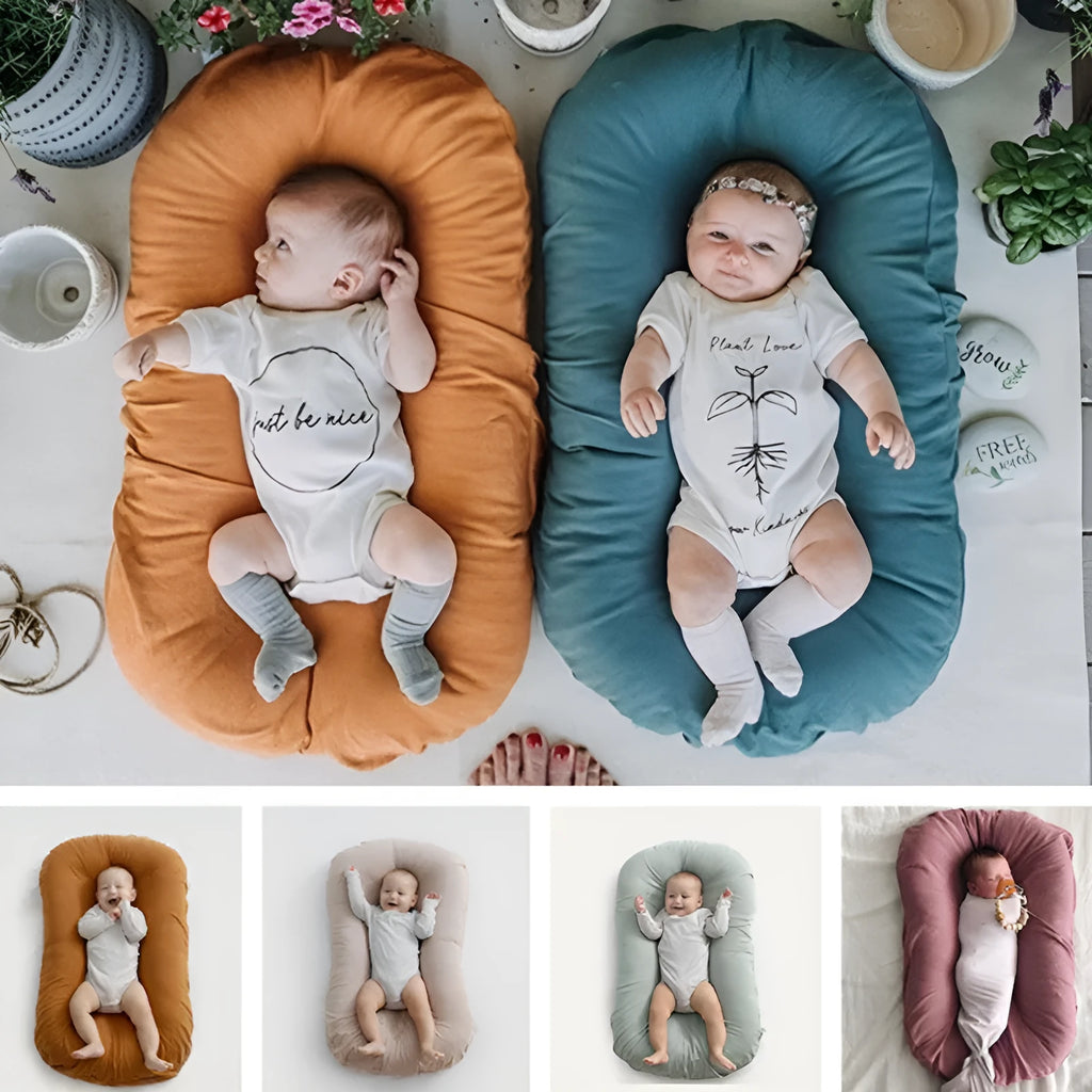 Beige portable cotton baby nest crib for newborns measuring 75cm by 45cm