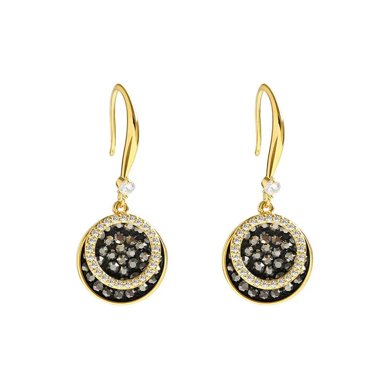 Black retro-style geometric alloy earrings for women, 3.6cm long round piece design.
