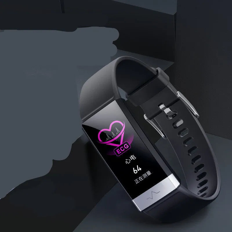V19 smart fitness bracelet in black showing ECG, PPG and SpO2 monitoring on its 135x240 resolution screen