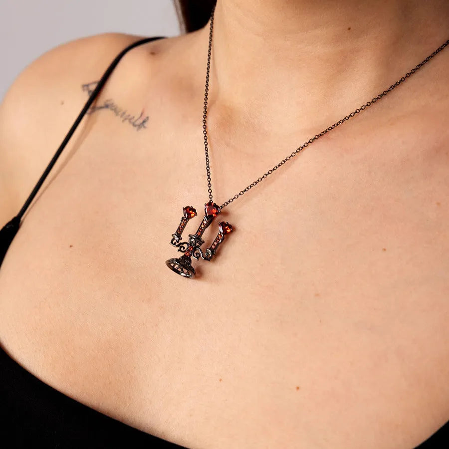 Gothic style necklace with candlestick pendant and cross chain in retro colour