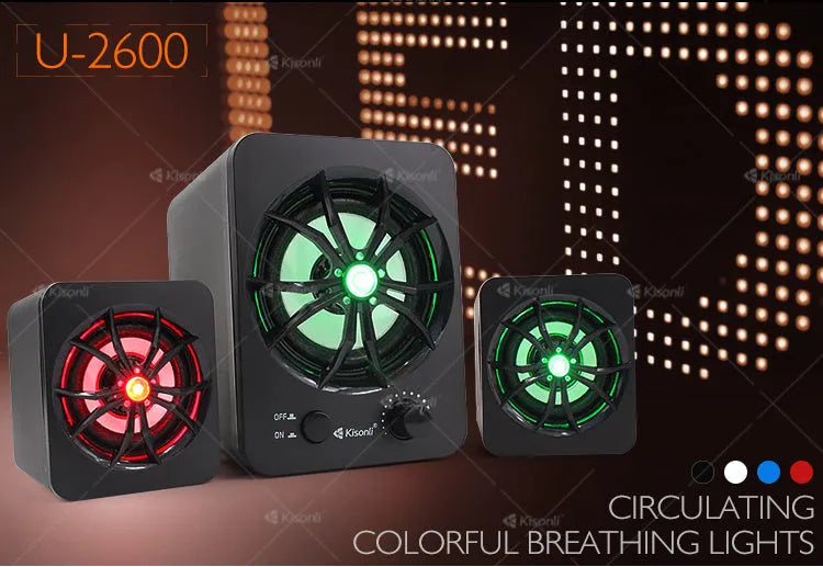 Green 2.1 USB computer speaker with colourful LED lights for PC and mobile devices
