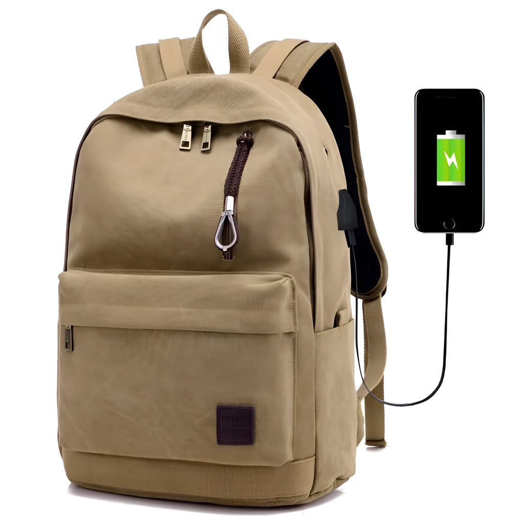 Canvas backpack with USB charging port showing coffee colour variant