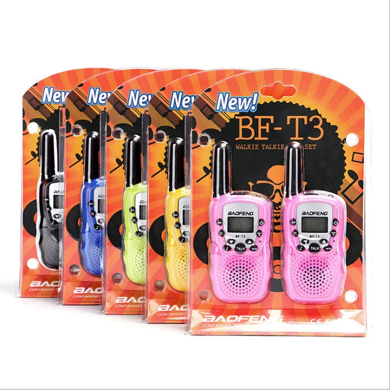 Children's handheld walkie talkies in multiple colours showing 22 channel display