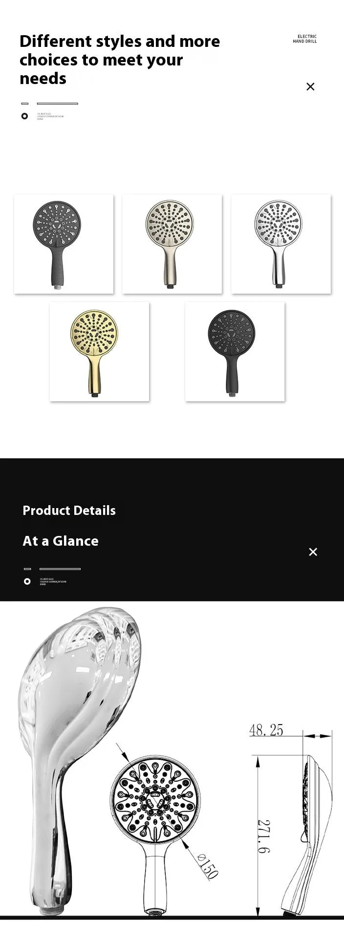 Portable six-function handheld shower head with electroplated finish and 6-inch hose