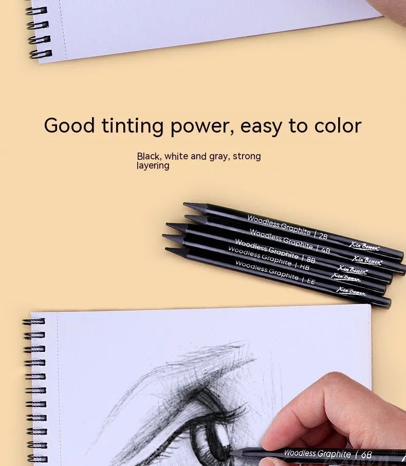 Set of wood-free graphite sketching pencils in six hardness grades for drawing and art