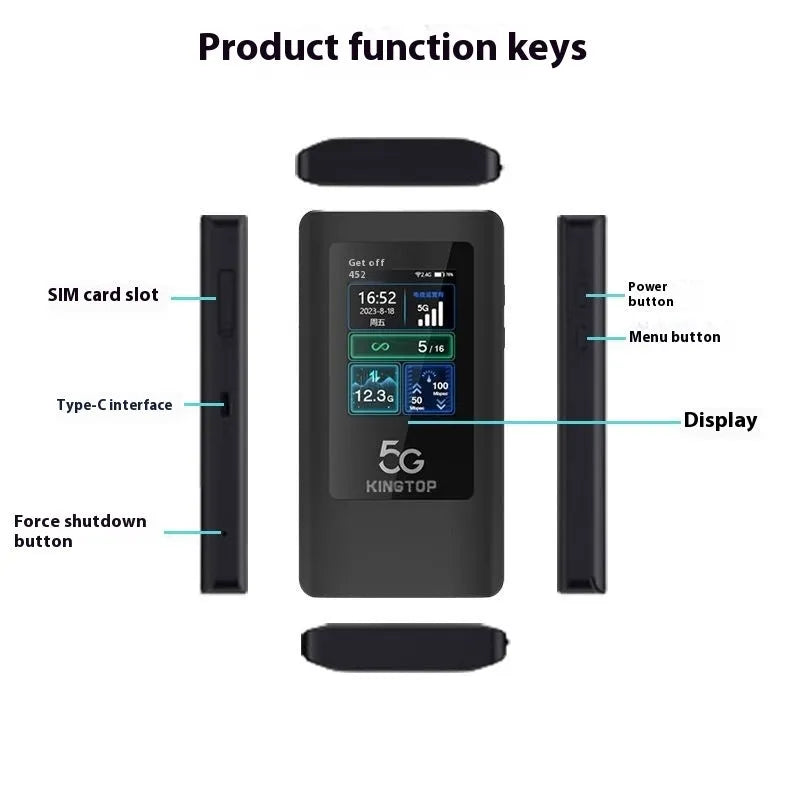Black portable 5G WiFi router with LCD display showing connection status and USB Type-C port