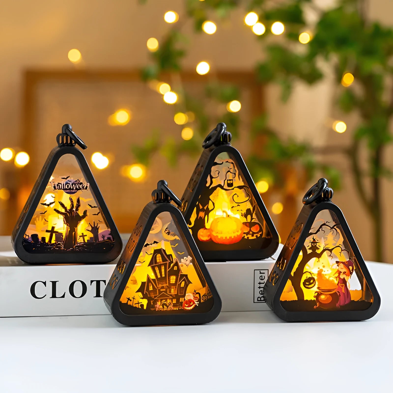 Halloween pumpkin lamp decoration in plastic and glass measuring 8.9 by 5.2 by 11.5 cm