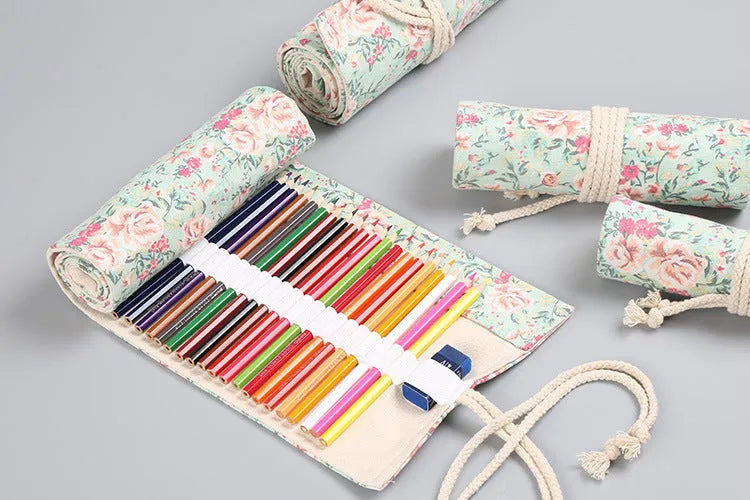 Canvas pencil wrap roll up case with elastic bands for 12-72 slots, shown in natural colour