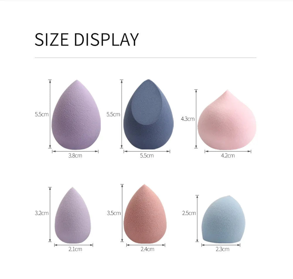 Five mini beauty eggs cosmetic sponges in blue pink and purple with flocking velour surface