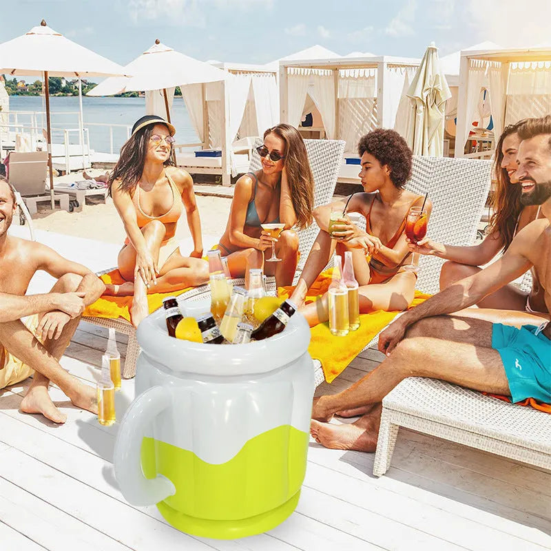 Yellow inflatable PVC ice bucket designed for cooling 2L beer steins at outdoor events