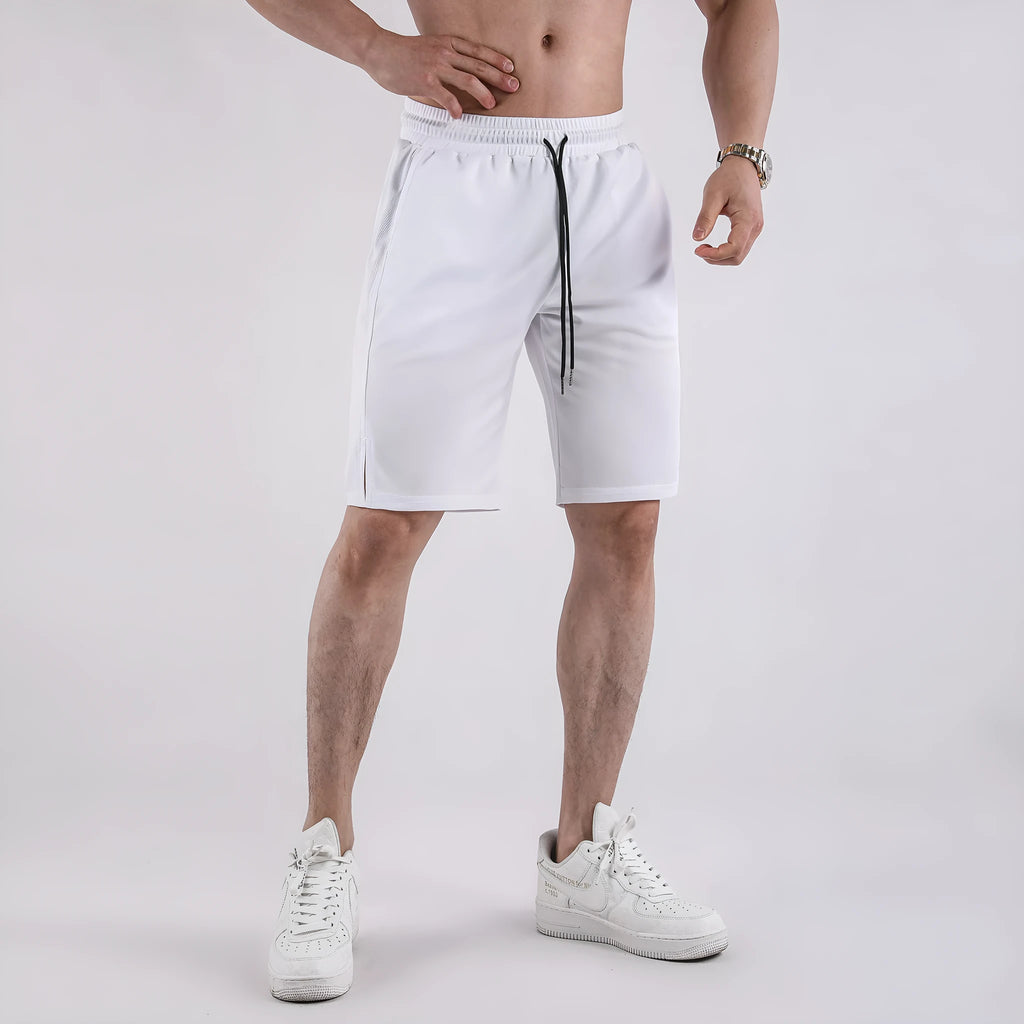 Men's black quick-drying mesh shorts with elastic waist and loose casual fit