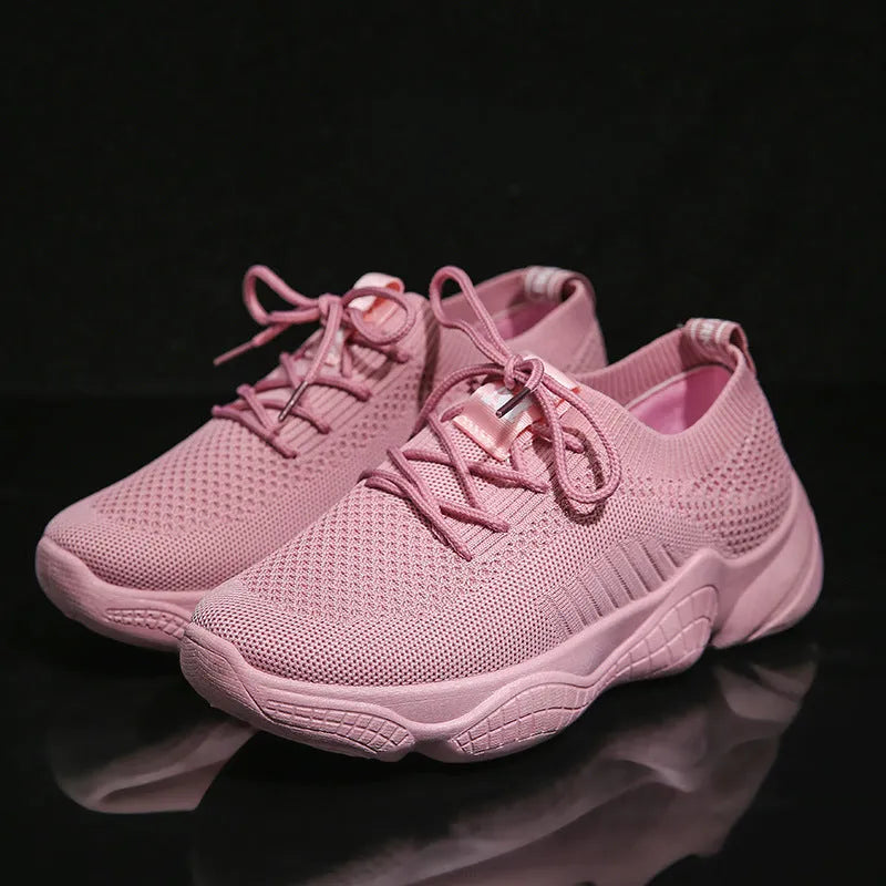 Women's white flying woven sports shoes with thick rubber sole and front strap