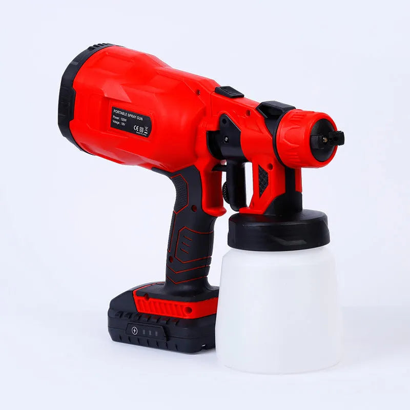 Blue cordless automatic paint spray gun with a large water can, showing its nozzle and battery compartment.