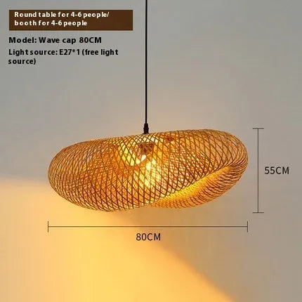 Handmade straw hat-shaped bamboo pendant chandelier hanging from a ceiling