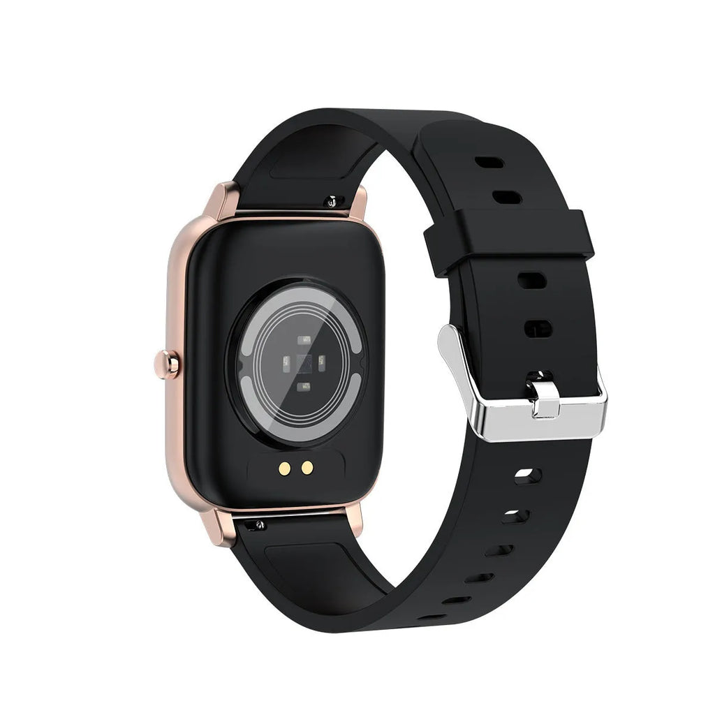 H80 black sports smart watch with 1.69-inch touchscreen on a silicone strap, displaying heart rate data.