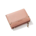 Short zipper ladies wallet in PU leather, open to show multiple card slots, bill holder, and change compartment.