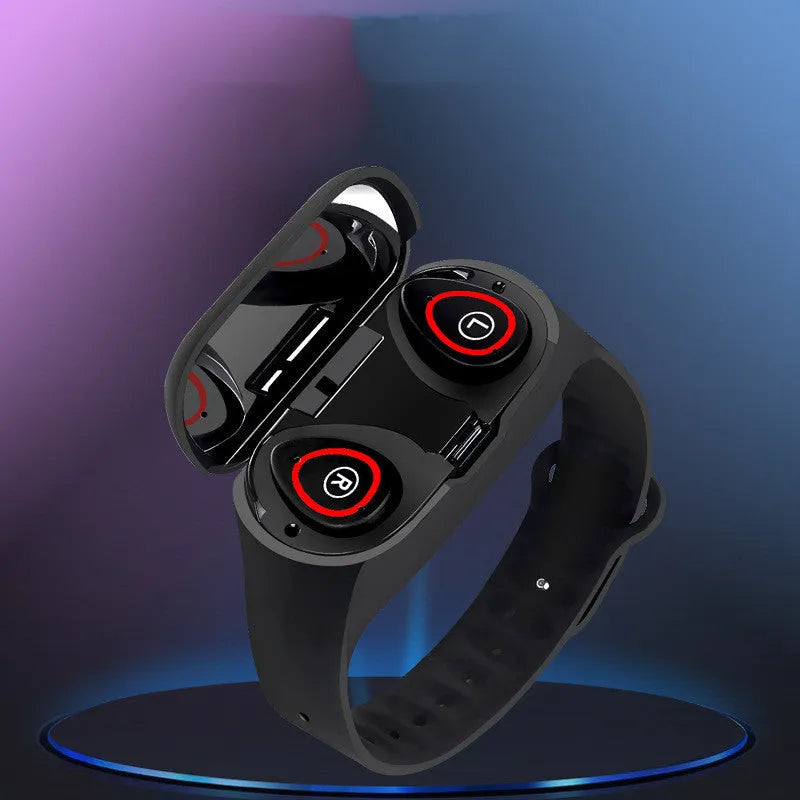 Blue silicone smart bracelet with 1-inch display showing fitness metrics and integrated earphones for wireless calling